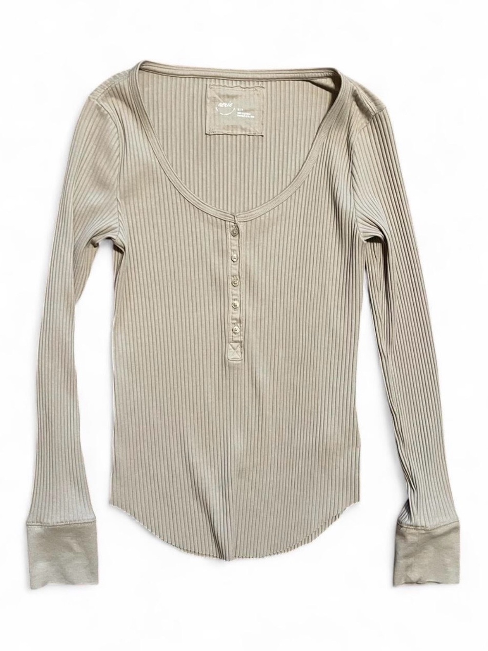 Aerie Ribbed Henley Long Sleeve Top - Beige